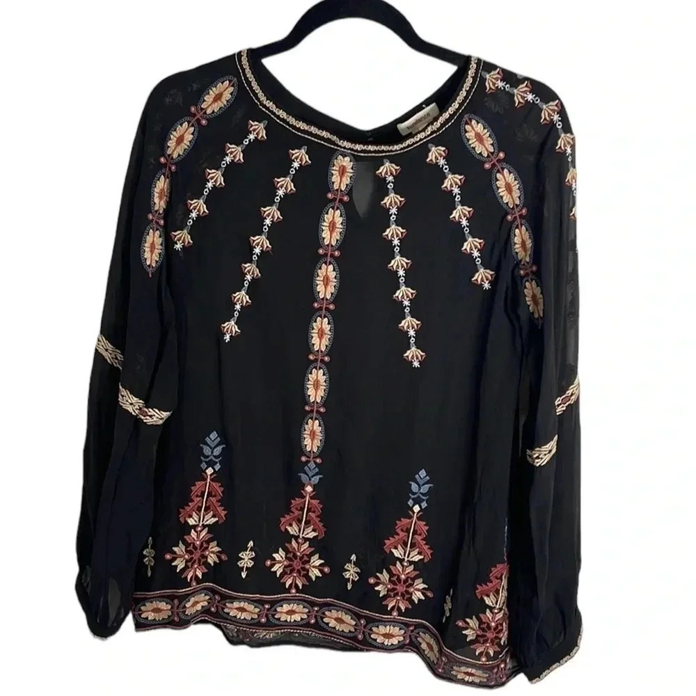 Sundance Mythical Spirit Embroidered Silk Long Sleeve Pulloever Blouse XS